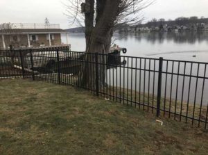 Black aluminum fence separating the edge of a yard and a lake