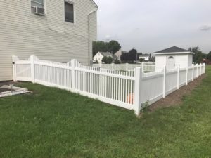 White picket fence around a suburban backyard
